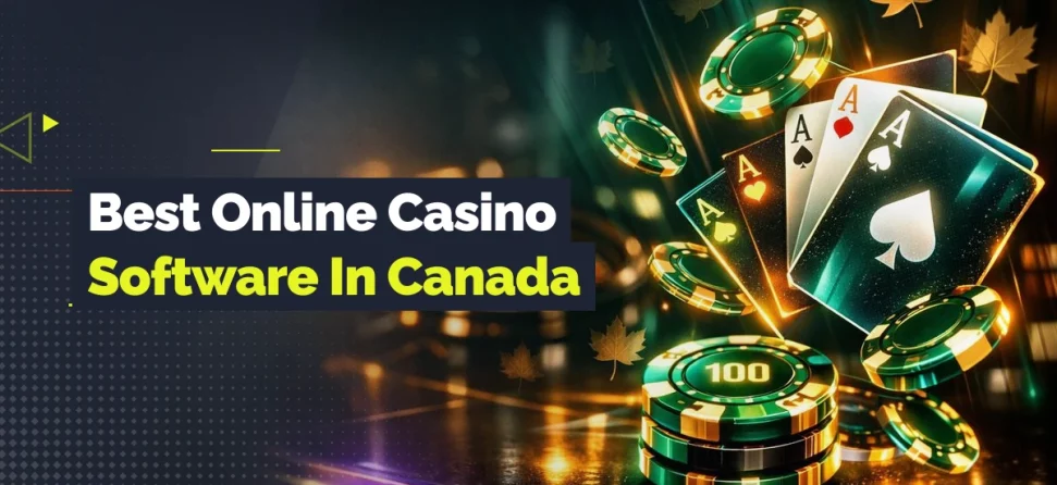 Banner for best online casino software in Canada featuring glowing playing cards, floating poker chips, and maple leaf accents in a stylized casino setting.