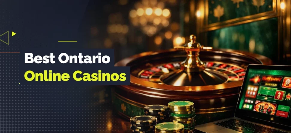 Banner for best Ontario online casinos featuring a roulette wheel, stacked chips, and a laptop displaying casino games in a warmly lit gaming setting.