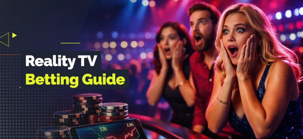 Promotional graphic for reality TV betting sites showing a brightly lit stage with performers and a crowd, alongside a smartphone displaying betting odds.