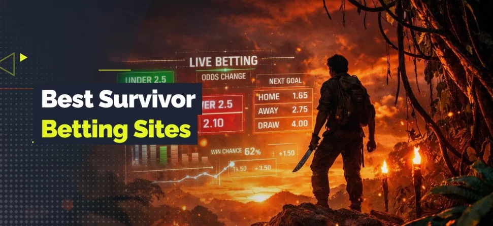 Promotional graphic for “Best Survivor Betting Sites” showing a contestant standing in a jungle at sunset with a machete, with live betting odds and charts overlaid on the scene.
