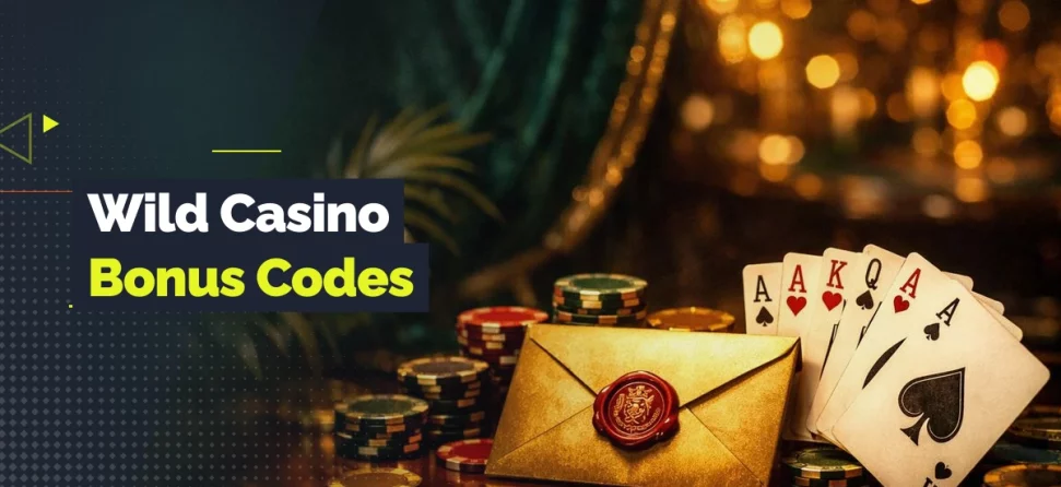 Banner for Wild Casino bonus codes featuring a gold envelope with a seal, poker chips, and a royal hand of cards on a casino table in a warm, upscale setting.