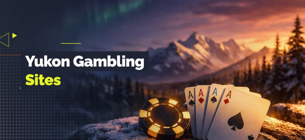 Banner for Yukon gambling sites featuring a poker chip and four aces on a snowy surface with mountains and northern lights in the background.