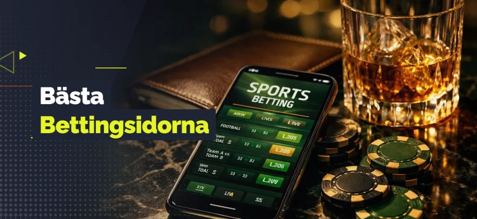 Mobil med sportsbetting, spelmarker och ett glas whiskey med texten “Bästa Bettingsidorna”.