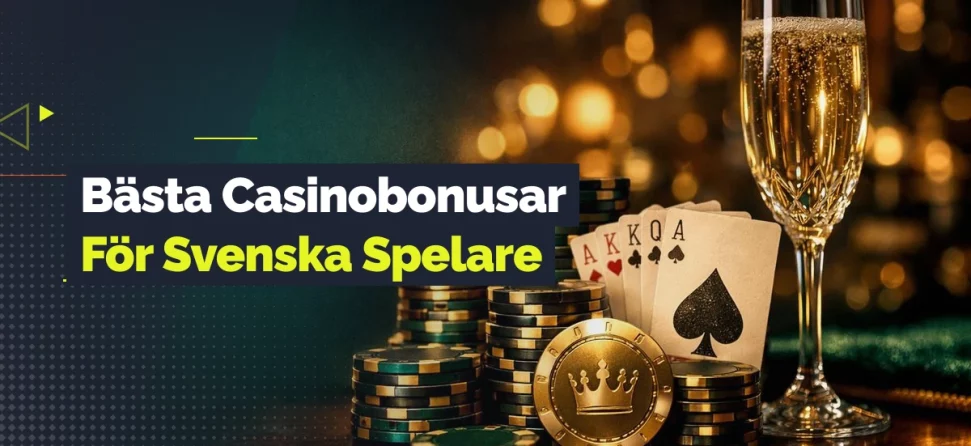 Spelmarker, spelkort och ett champagneglas med texten “Bästa Casinobonusar För Svenska Spelare”.