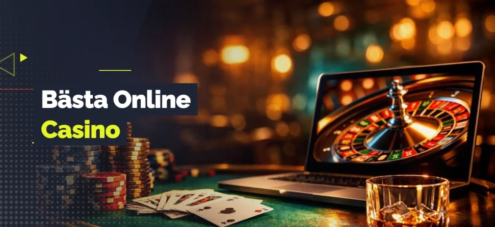 Laptop med onlinecasino, spelkort, spelmarker och ett whiskeyglas med texten “Bästa Online Casino”.