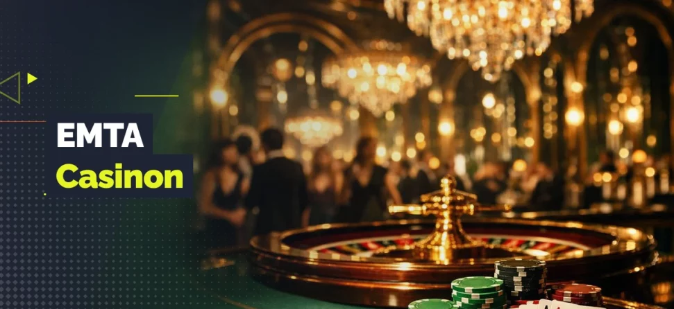 Roulettehjul, spelmarker och spelkort i en lyxig casinomiljö med texten “EMTA Casinon”.