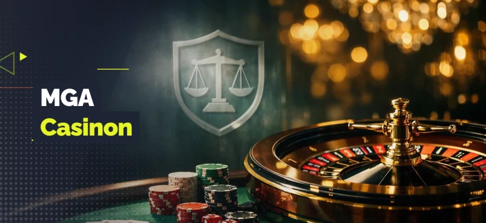 Roulettehjul, spelkort och spelmarker med texten “MGA Casinon”.