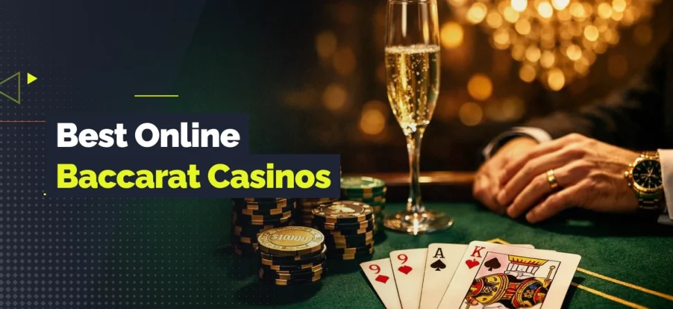 Best online baccarat casinos graphic with casino chips, playing cards, champagne, and GamblingNerd branding.