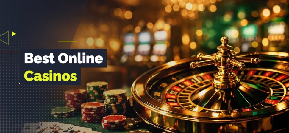 Promotional graphic for GamblingNerd featuring a roulette wheel, poker chips, playing cards, and the text “Best Online Casinos” in a casino-themed setting.