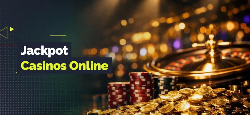 Promotional graphic for jackpot casinos online featuring a roulette wheel, stacks of casino chips, and piles of gold coins under warm casino lighting.