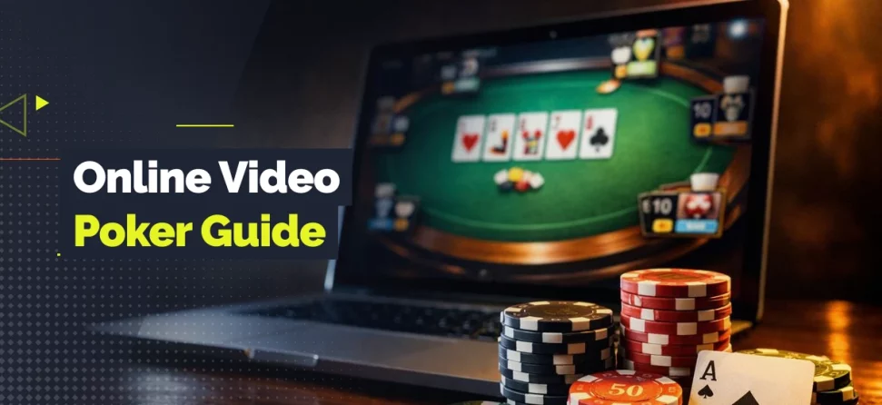 Online video poker guide graphic with a laptop showing a poker game, casino chips, playing cards, and GamblingNerd branding.