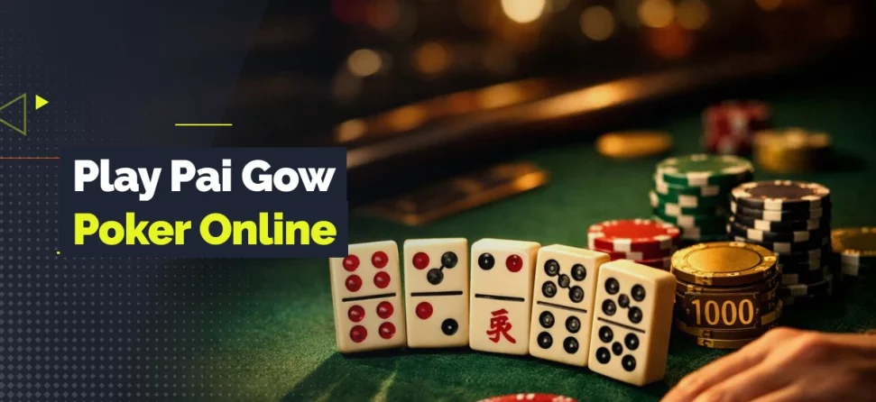Play Pai Gow poker online graphic with casino chips, Pai Gow tiles, a green gaming table, and GamblingNerd branding.