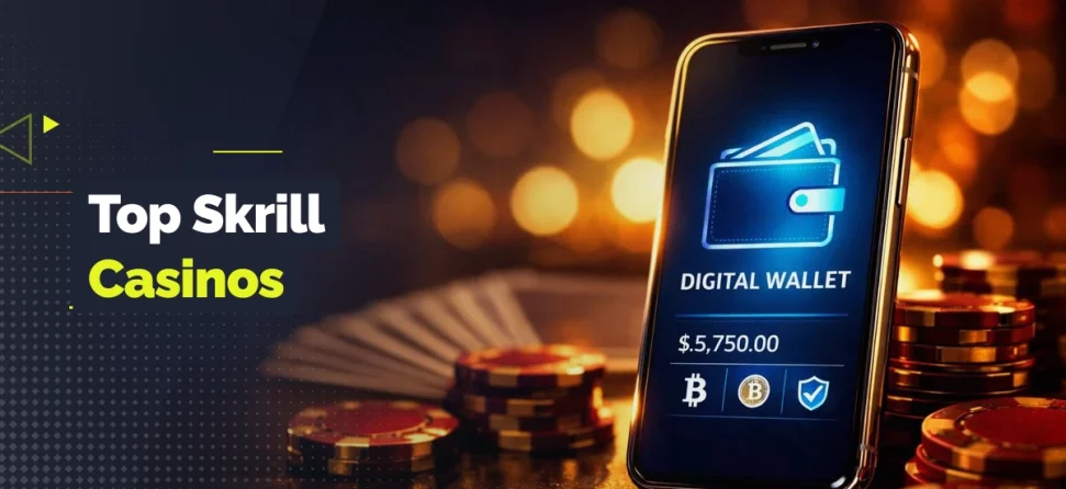 Top Skrill casinos graphic with a digital wallet on a smartphone, casino chips, playing cards, and GamblingNerd branding.