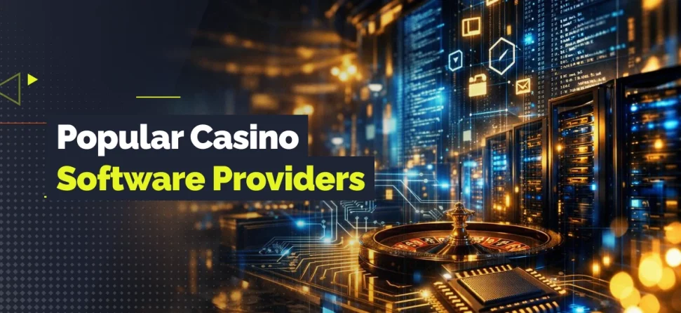 Promotional graphic for popular casino software providers featuring server racks, digital code interfaces, circuit board graphics, and a roulette wheel in a futuristic tech environment.