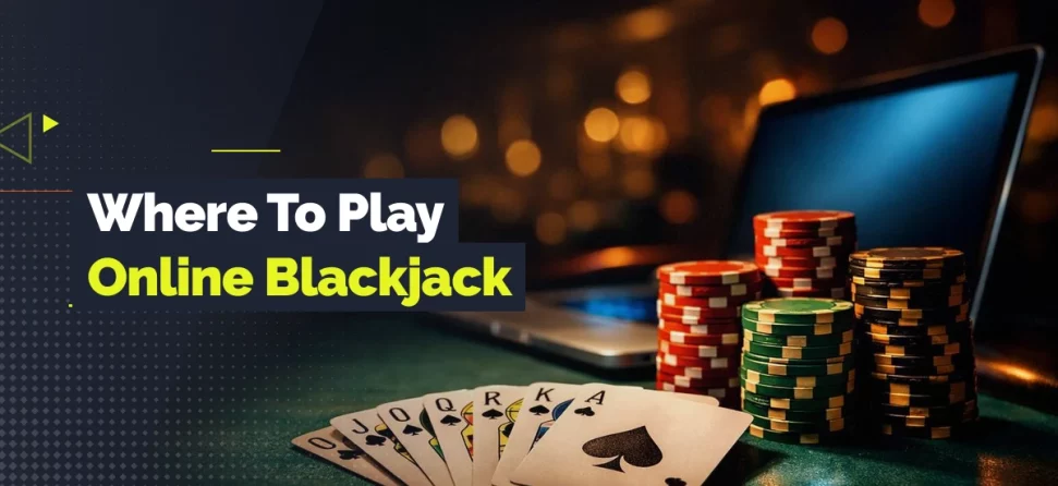 Where to play online blackjack graphic with playing cards, casino chips, a laptop, and GamblingNerd branding.