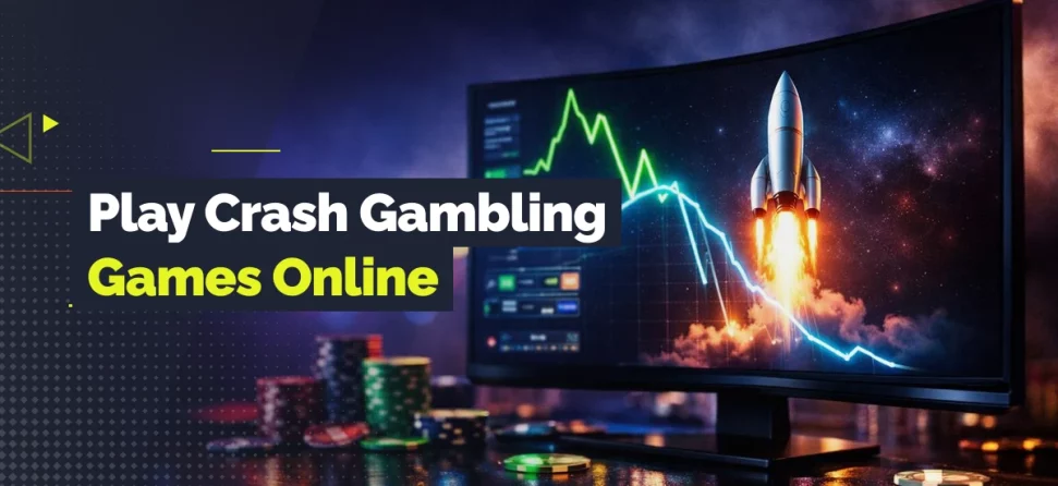 Rocket launching from a computer screen with crash game-style line graphs, casino chips, and text reading “Play Crash Gambling Games Online.”
