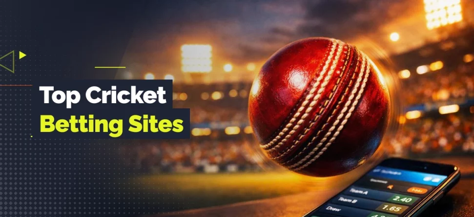 Cricket ball flying over a stadium beside a sports betting app with text reading “Top Cricket Betting Sites.”