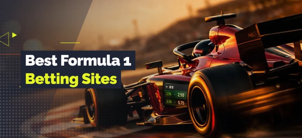 Formula 1 race car speeding around a track with overlay text reading “Best Formula 1 Betting Sites.”