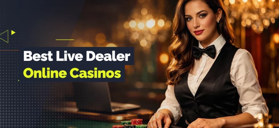 Best Live Dealer Online Casinos graphic showing a live casino dealer at a green table with playing cards, poker chips, and GamblingNerd branding.