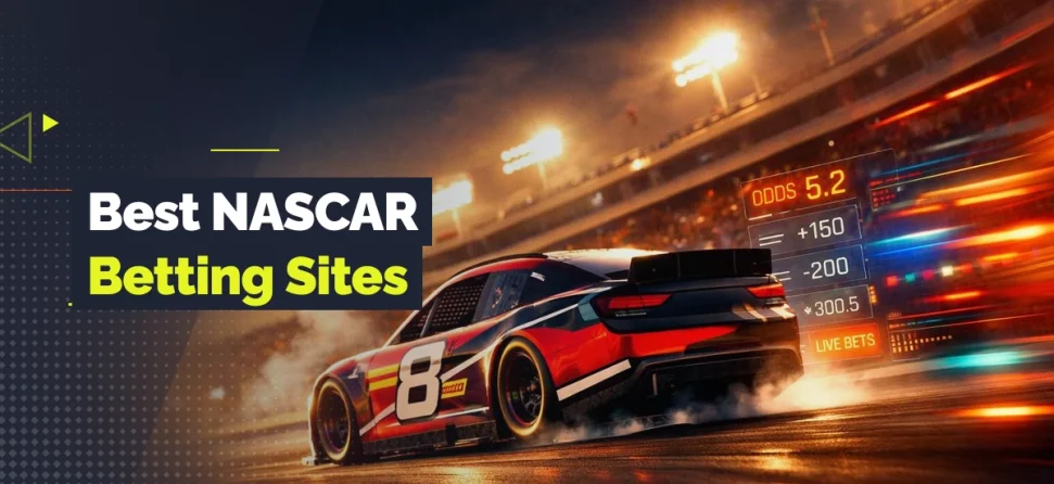 NASCAR-style race car speeding around a track with betting odds graphics and text reading “Best NASCAR Betting Sites.”