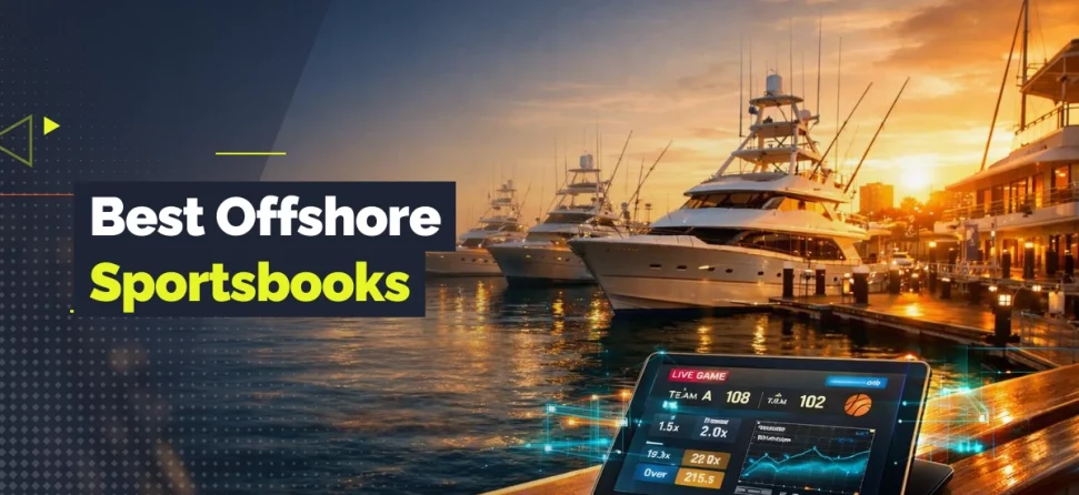 Luxury yachts at a marina at sunset with a tablet showing live betting odds and overlay text reading “Best Offshore Sportsbooks.”