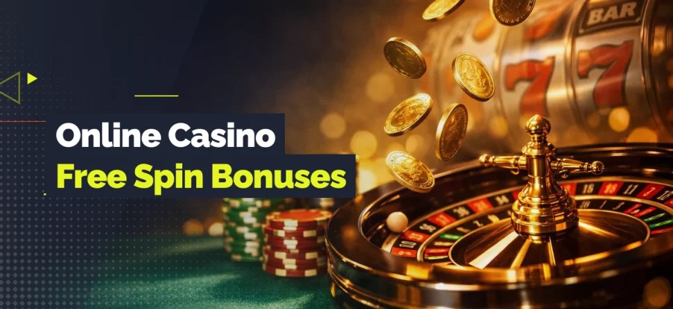 Online casino free spin bonuses graphic with roulette wheel, slot machine, poker chips, falling coins, and the GamblingNerd logo.