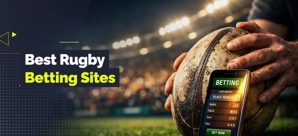 Rugby ball on a field beside a phone showing betting odds, with overlay text reading “Best Rugby Betting Sites.”