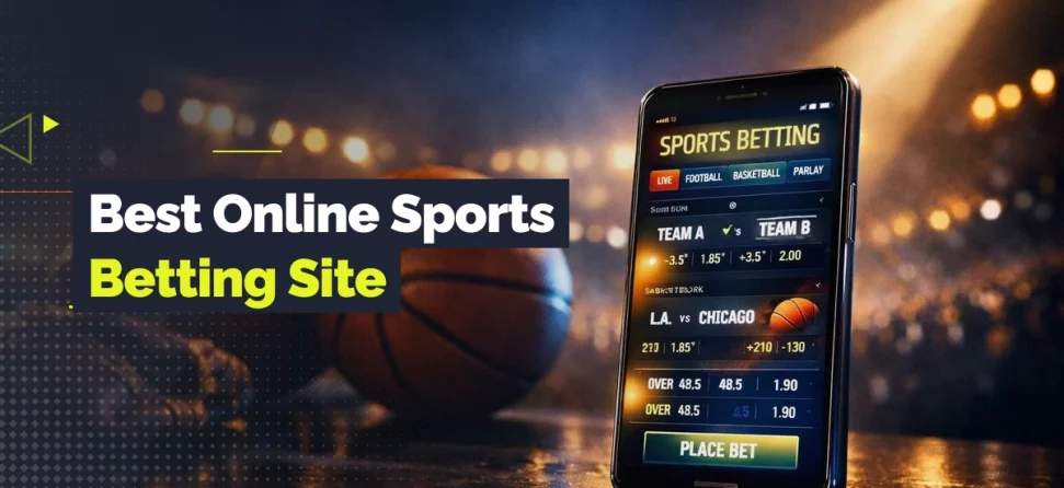 Basketball beside a phone showing a sports betting app, with overlay text reading “Best Online Sports Betting Site.”