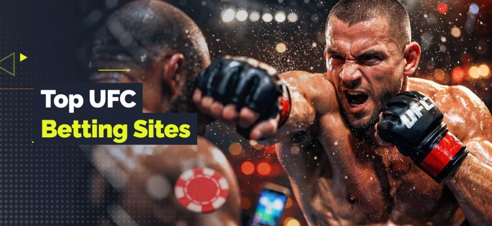Two UFC fighters exchanging punches in an octagon with overlay text reading “Top UFC Betting Sites.”