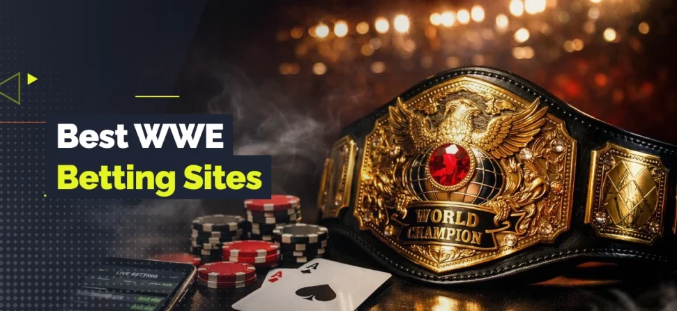 Wrestling championship belt beside poker chips, playing cards, and a phone with overlay text reading “Best WWE Betting Sites.”