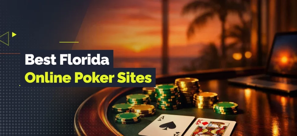 Poker table and laptop with title "Best Florida Online Poker Sites"