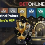 BetOnline VIP rewards graphic featuring membership tiers, trophies, casino chips, and the text “How to Grind Points in BetOnline’s VIP Program.”