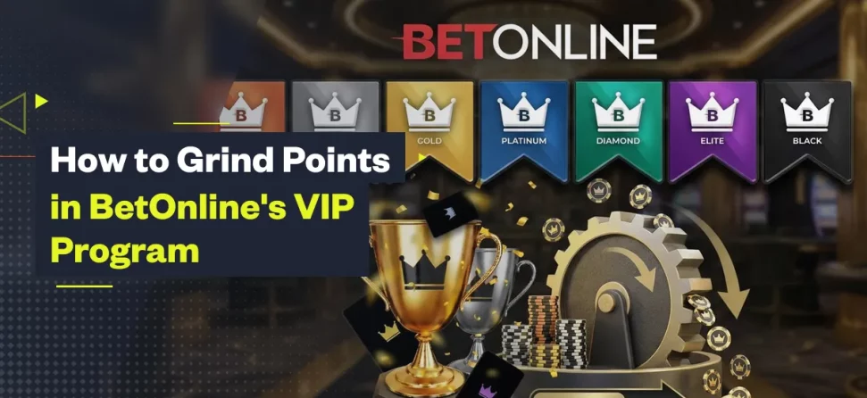 BetOnline VIP rewards graphic featuring membership tiers, trophies, casino chips, and the text “How to Grind Points in BetOnline’s VIP Program.”