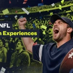 A cheering football fan with raised fists stands before a stadium crowd and confetti, beside the text “Ranking NFL Team Fan Experiences.”