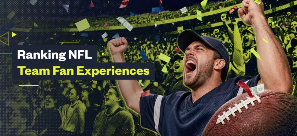 A cheering football fan with raised fists stands before a stadium crowd and confetti, beside the text “Ranking NFL Team Fan Experiences.”