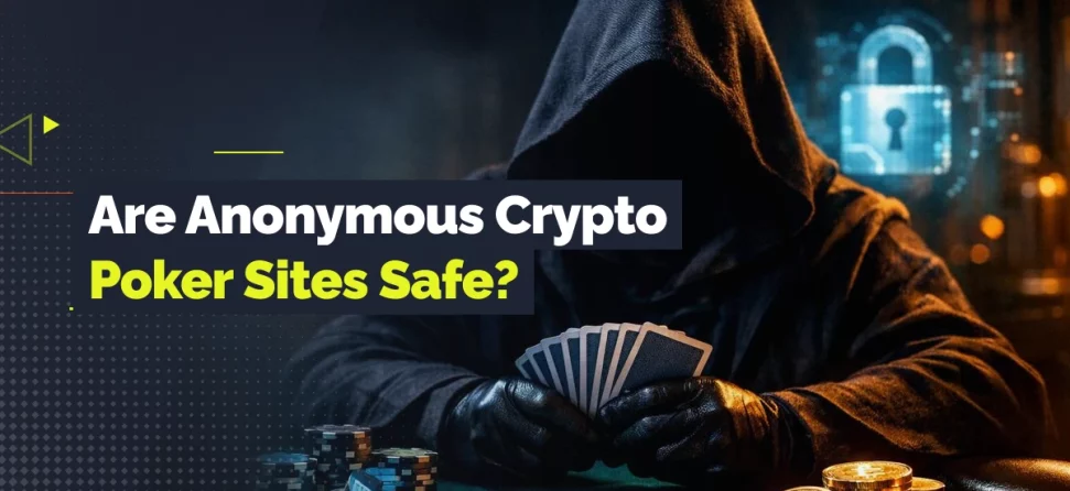 Hooded poker player holding cards beside stacks of chips and Bitcoin tokens, with a digital padlock in the background.