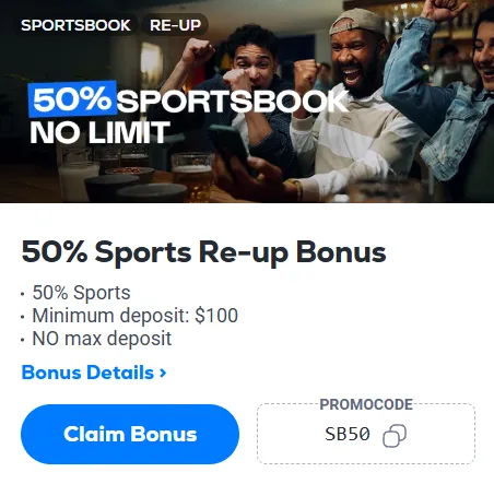 BetUS bonus mentioning 50% sports re-up bonus with a $100 minimum deposit, no maximum deposit, and promo code SB50.