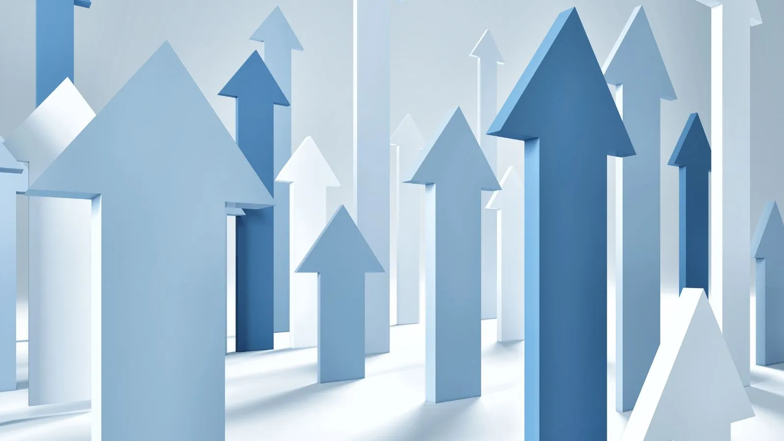 Blue and white three-dimensional arrows pointing upward at varying heights, symbolizing growth.
