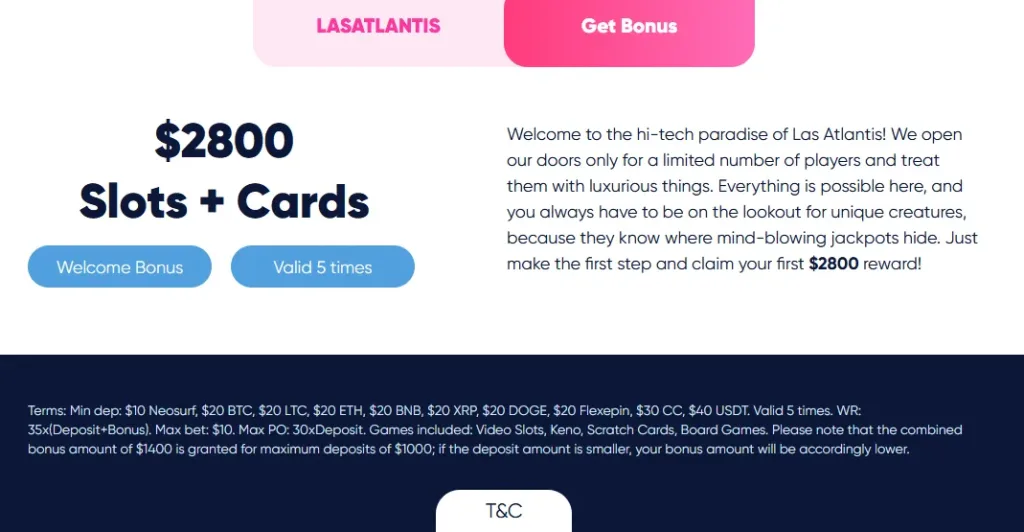 Las Atlantis $2,800 welcome bonus for slots and card games, valid five times, with bonus terms displayed below.