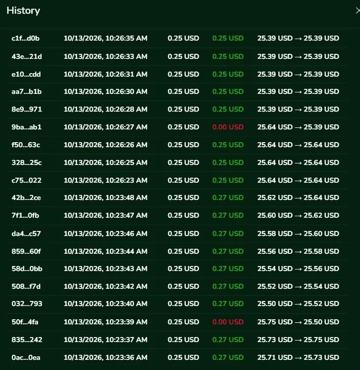 Betting history showing $0.25 wagers, payouts highlighted in green or red, and account balance changes.
