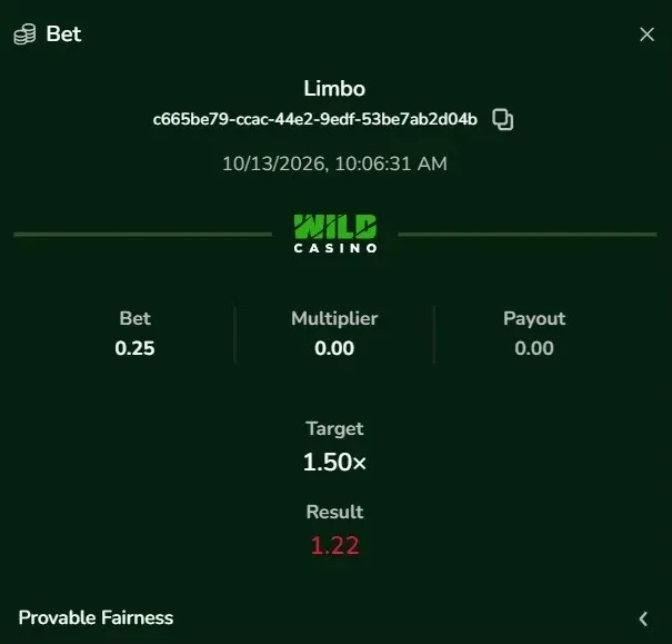 Wild Casino Limbo bet result showing a losing 0.25 wager, 1.50x target multiplier, 1.22 result, and zero payout.