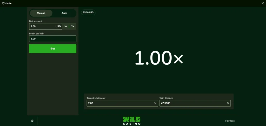 Wild Casino’s Limbo game showing a $2 bet, 2.00x target multiplier, and 47.5% win chance.