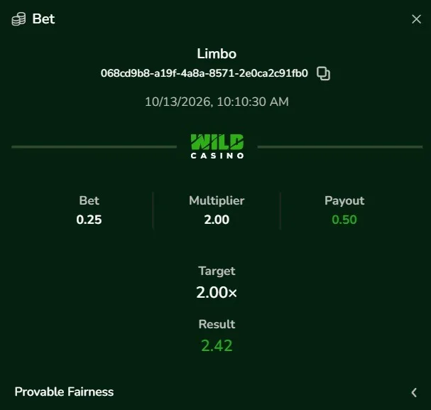 Wild Casino Limbo bet result showing a 0.25 wager, 2.00x target multiplier, 2.42 result, and 0.50 payout.