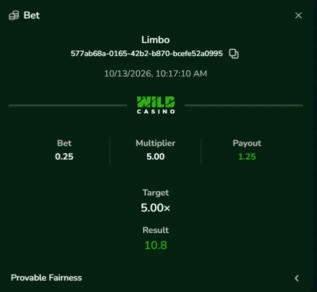 Wild Casino Limbo bet result showing a 0.25 wager, 5.00x target multiplier, 10.8 result, and 1.25 payout.