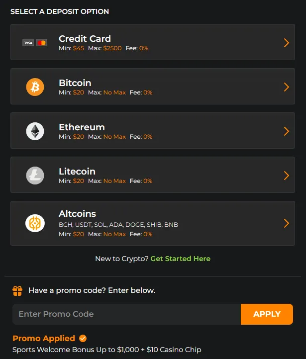 Deposit options for MyBookie screenshot